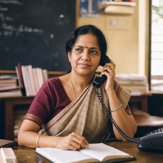 A school office administrator on the phone